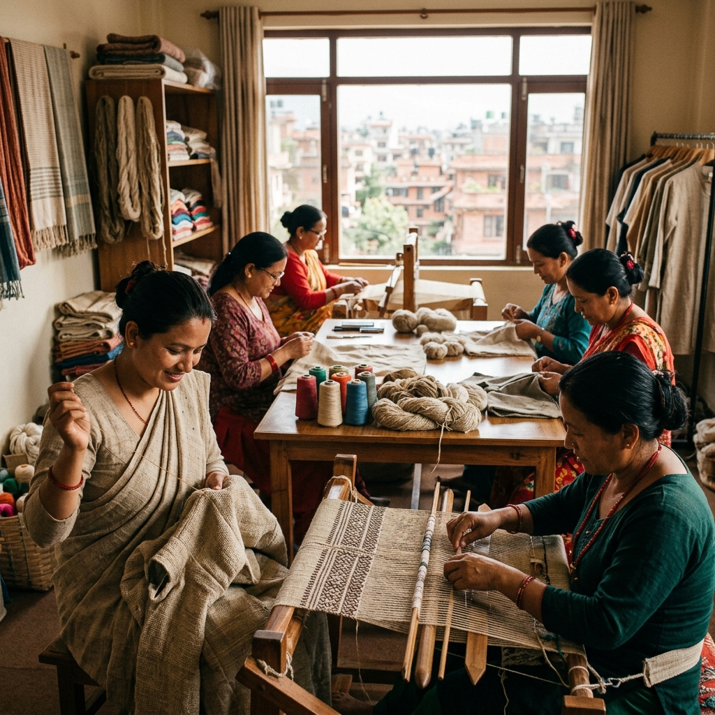 Nepalese women artisans weaving and stitching clothing items in a Kathmandu workshop