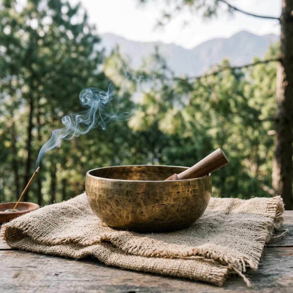Himalayan singing bowl, natural hemp fabric, and incense smoke with pine forest background representing yogic mindfulness