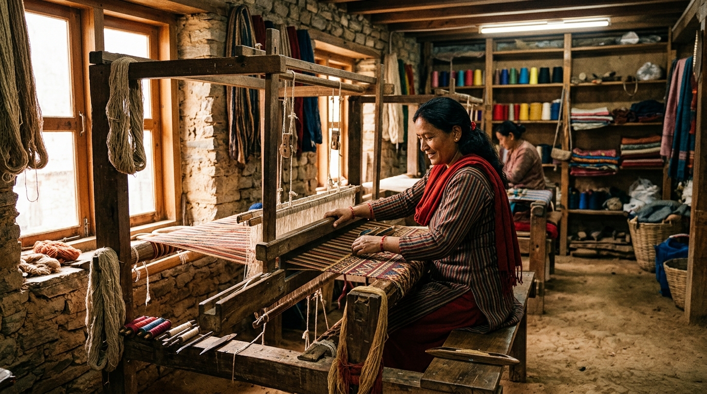 Nepalese artisan weaving on a traditional loom